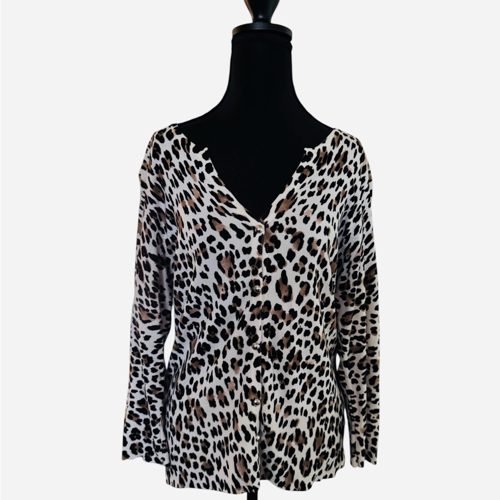 White House Black Market Leopard Print V-Neck sweater. With snap front closure.